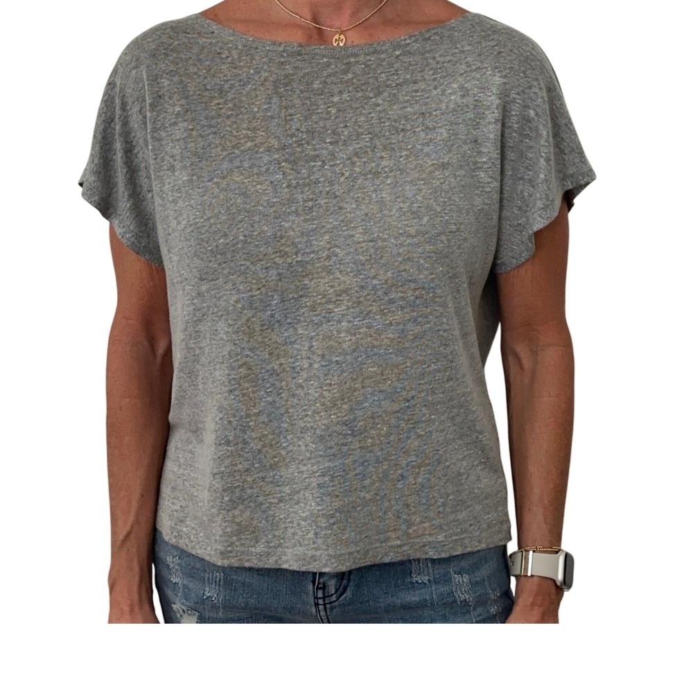 Alice+Olivia Gray Linen Blend Short Sleeve Draped Back Tee Blk Leather Trim